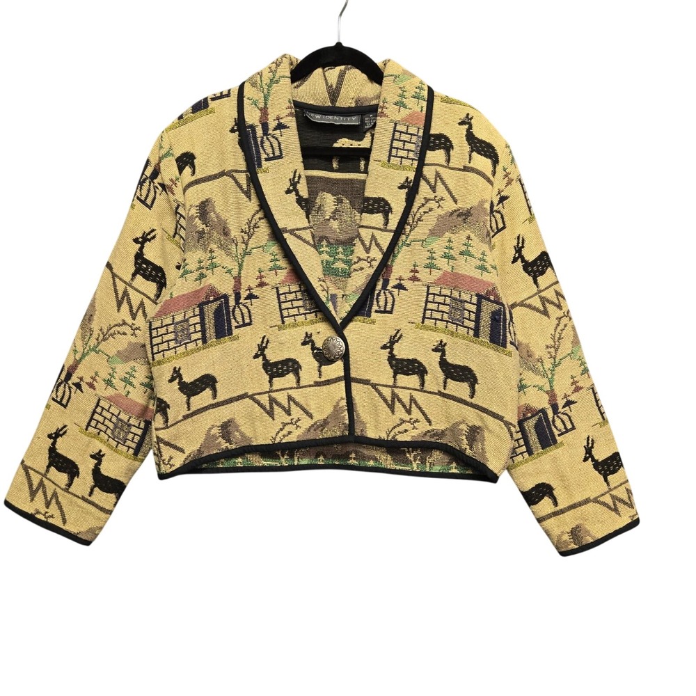 Vintage Maximalist Tapestry Jacket Southwest Cabin M Tan Cropped Concho